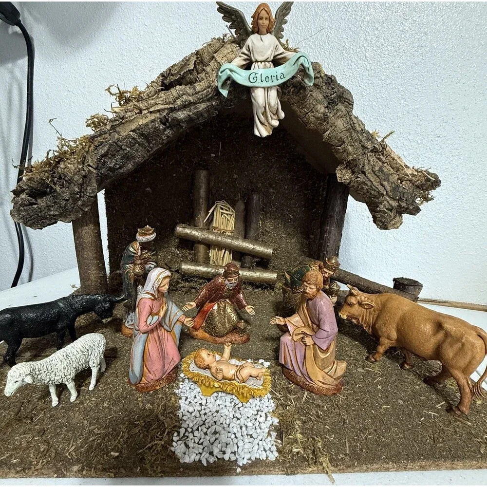 Vtg Sears Nativity Wood Stable Manger 9 Figures Italy Set Complete #97682 W/Box